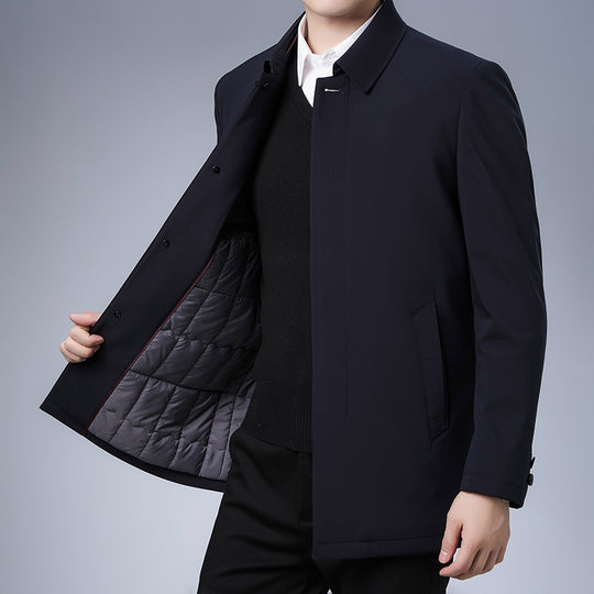 Herren Moderner Business-Kurzmantel mit geradem Schnitt, verdeckter Knopfleiste und Hemdkragen Nord Taschen