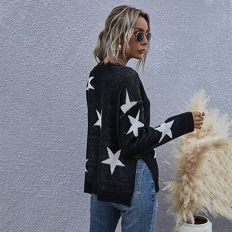 Damen Lässiger Sternen-Strickpullover in Oversize mit V-Ausschnitt und ausgefranstem Saum Nord Taschen