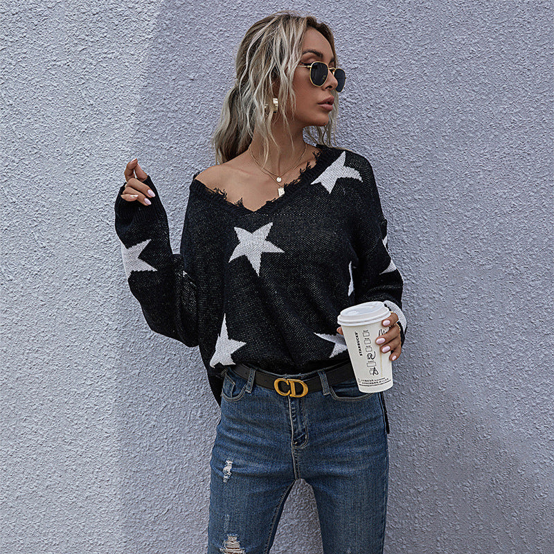 Damen Lässiger Sternen-Strickpullover in Oversize mit V-Ausschnitt und ausgefranstem Saum Nord Taschen