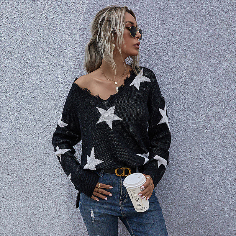 Damen Lässiger Sternen-Strickpullover in Oversize mit V-Ausschnitt und ausgefranstem Saum Nord Taschen