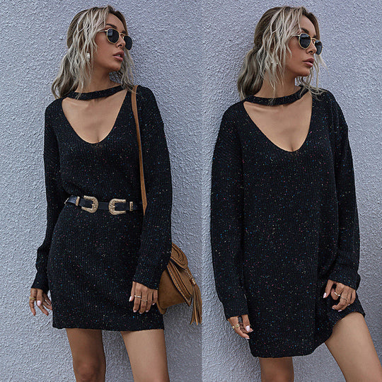 Damen Figurbetontes kurzes Strickkleid mit Choker‑Ausschnitt, V‑Dekolleté und Glitzerstruktur Nord Taschen