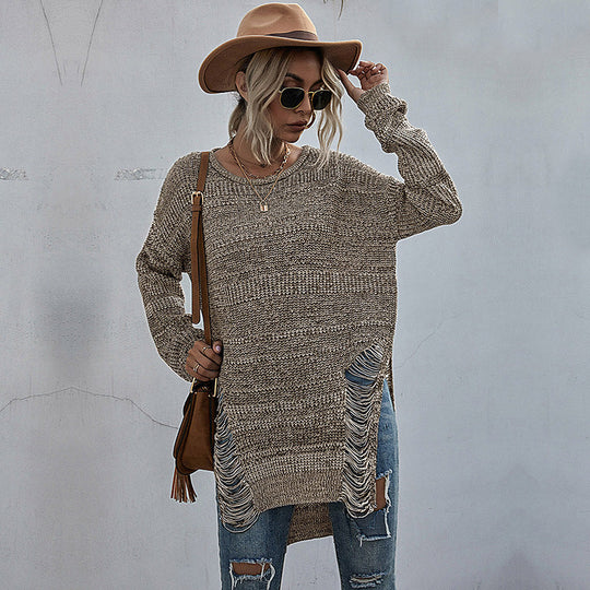 Damen Grobstrick-Longpullover mit seitlichen Fransen und geripptem Saum Nord Taschen