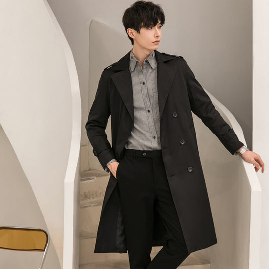 Herren Eleganter knielanger Trenchcoat aus leichtem Funktionsstoff mit Taillengürtel Nord Taschen