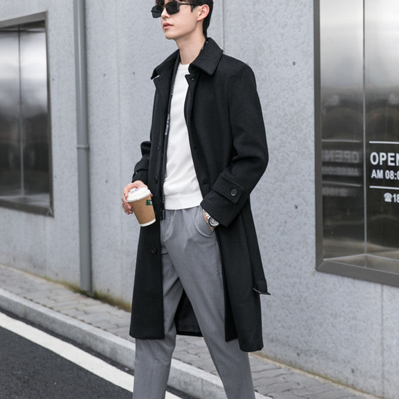 Herren Longline-Wollmix-Mantel mit verdeckter Knopfleiste und Schalkragen Nord Taschen