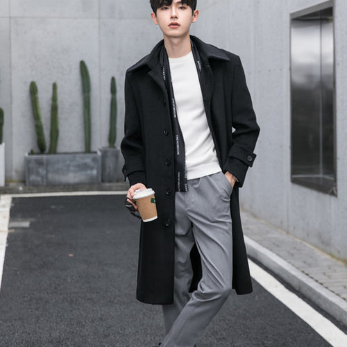 Herren Longcoat aus Wollmix mit verdeckter Knopfleiste Taillengürtel und klassischem Revers Nord Taschen