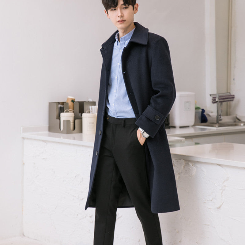 Herren Longcoat aus Wollmix mit verdeckter Knopfleiste Taillengürtel und klassischem Revers Nord Taschen