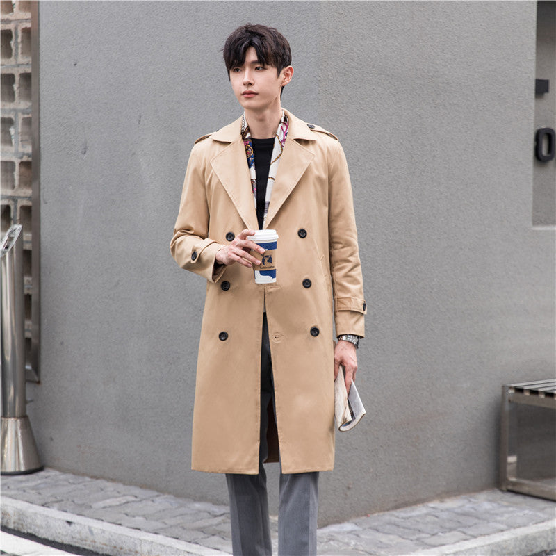 Herren Eleganter knielanger Trenchcoat aus leichtem Funktionsstoff mit Taillengürtel Nord Taschen