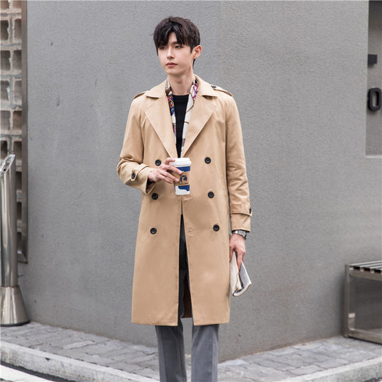 Herren Eleganter knielanger Trenchcoat aus leichtem Funktionsstoff mit Taillengürtel Nord Taschen