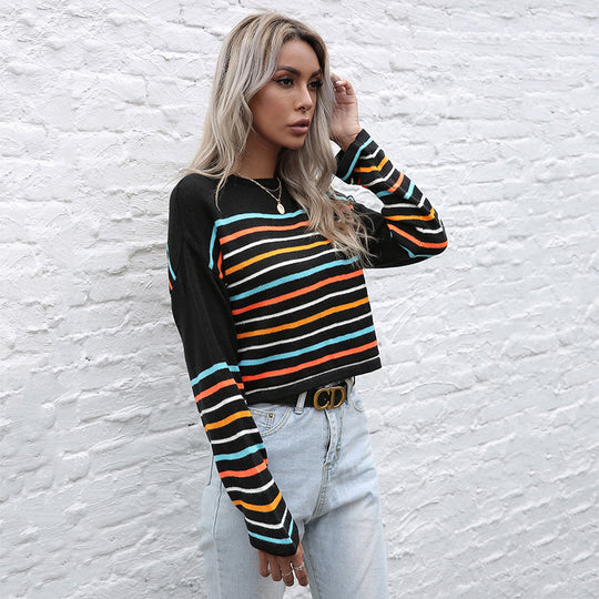 Damen Cropped Feinstrickpullover mit bunten Querstreifen und Rundhals Nord Taschen