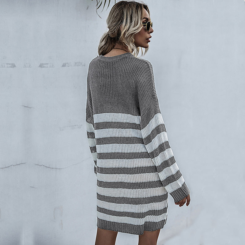 Damen Strickkleid im Oversize-Look mit Blockstreifen und geripptem Saum Nord Taschen