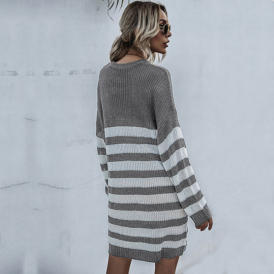 Damen Strickkleid im Oversize-Look mit Blockstreifen und geripptem Saum Nord Taschen