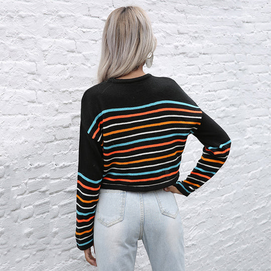 Damen Cropped Feinstrickpullover mit bunten Querstreifen und Rundhals Nord Taschen