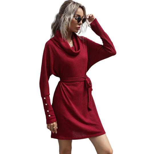 Damen Strickkleid mit weitem Schalkragen, Taillengürtel und geripptem Feinstrick Nord Taschen