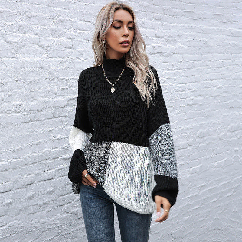 Damen Oversize Colorblock-Strickpullover mit Stehkragen und Ballonärmeln Nord Taschen