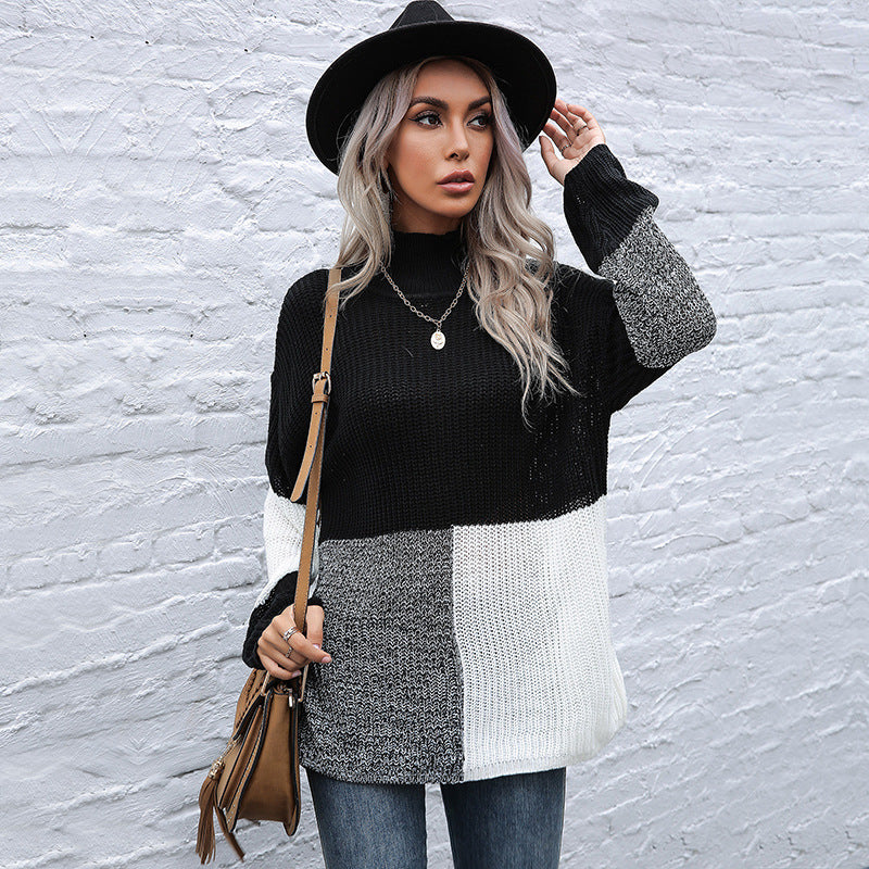 Damen Oversize Colorblock-Strickpullover mit Stehkragen und Ballonärmeln Nord Taschen