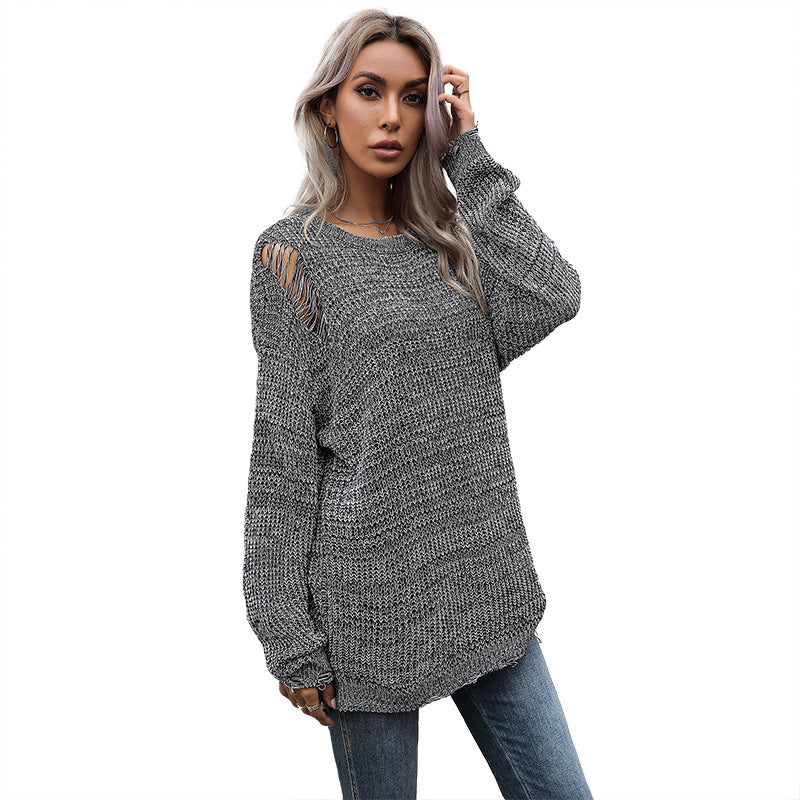 Damen Grobgestrickter Oversize-Pullover mit offenen Maschen, rohem Saum und Rundhalsausschnitt Nord Taschen