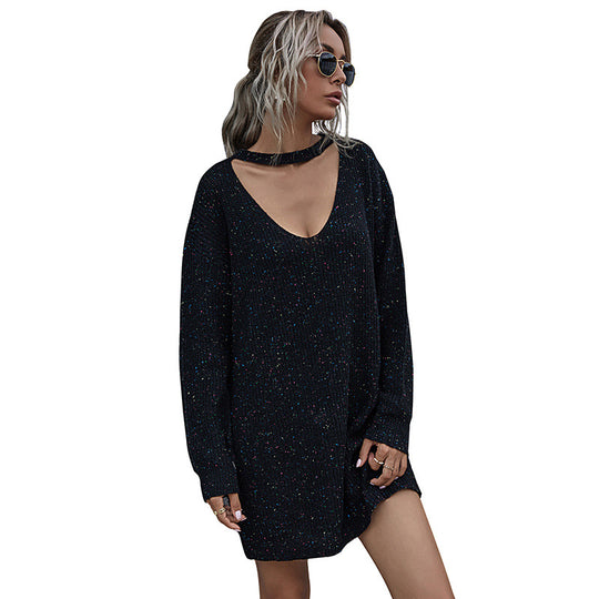 Damen Elegantes Strickkleid mit tiefem Ausschnitt und Gürtel Nord Taschen