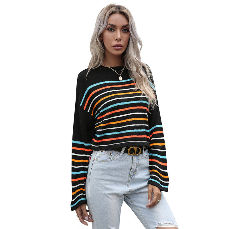Damen Cropped Feinstrickpullover mit bunten Querstreifen und Rundhals Nord Taschen