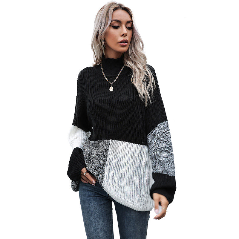 Damen Oversize Colorblock-Strickpullover mit Stehkragen und Ballonärmeln Nord Taschen