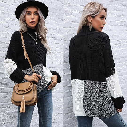 Damen Oversize Colorblock-Strickpullover mit Stehkragen und Ballonärmeln Nord Taschen