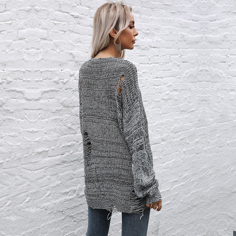 Damen Grobgestrickter Oversize-Pullover mit offenen Maschen, rohem Saum und Rundhalsausschnitt Nord Taschen