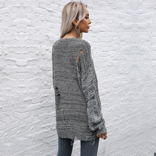 Damen Grobgestrickter Oversize-Pullover mit offenen Maschen, rohem Saum und Rundhalsausschnitt Nord Taschen