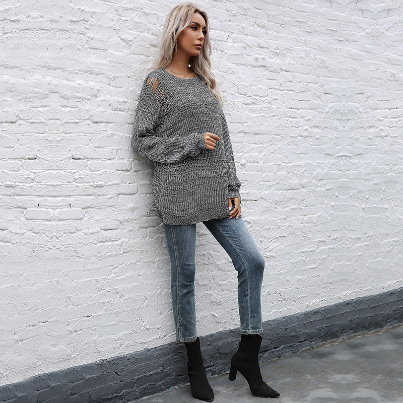 Damen Grobgestrickter Oversize-Pullover mit offenen Maschen, rohem Saum und Rundhalsausschnitt Nord Taschen