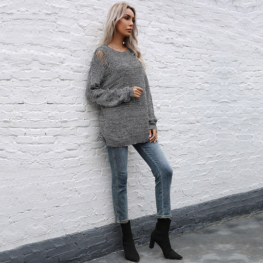 Damen Grobgestrickter Oversize-Pullover mit offenen Maschen, rohem Saum und Rundhalsausschnitt Nord Taschen