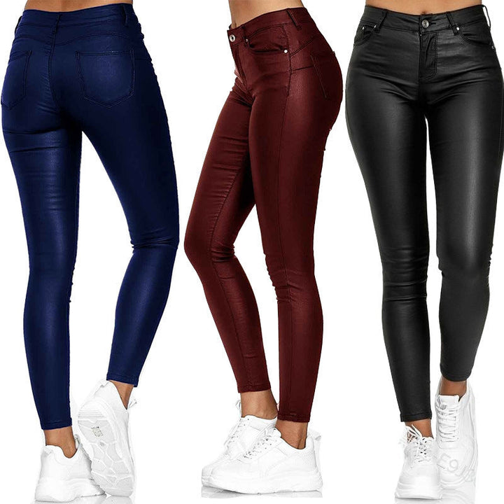 Damen Glattleder-Leggings mit hohem Bund und figurformendem Schnitt