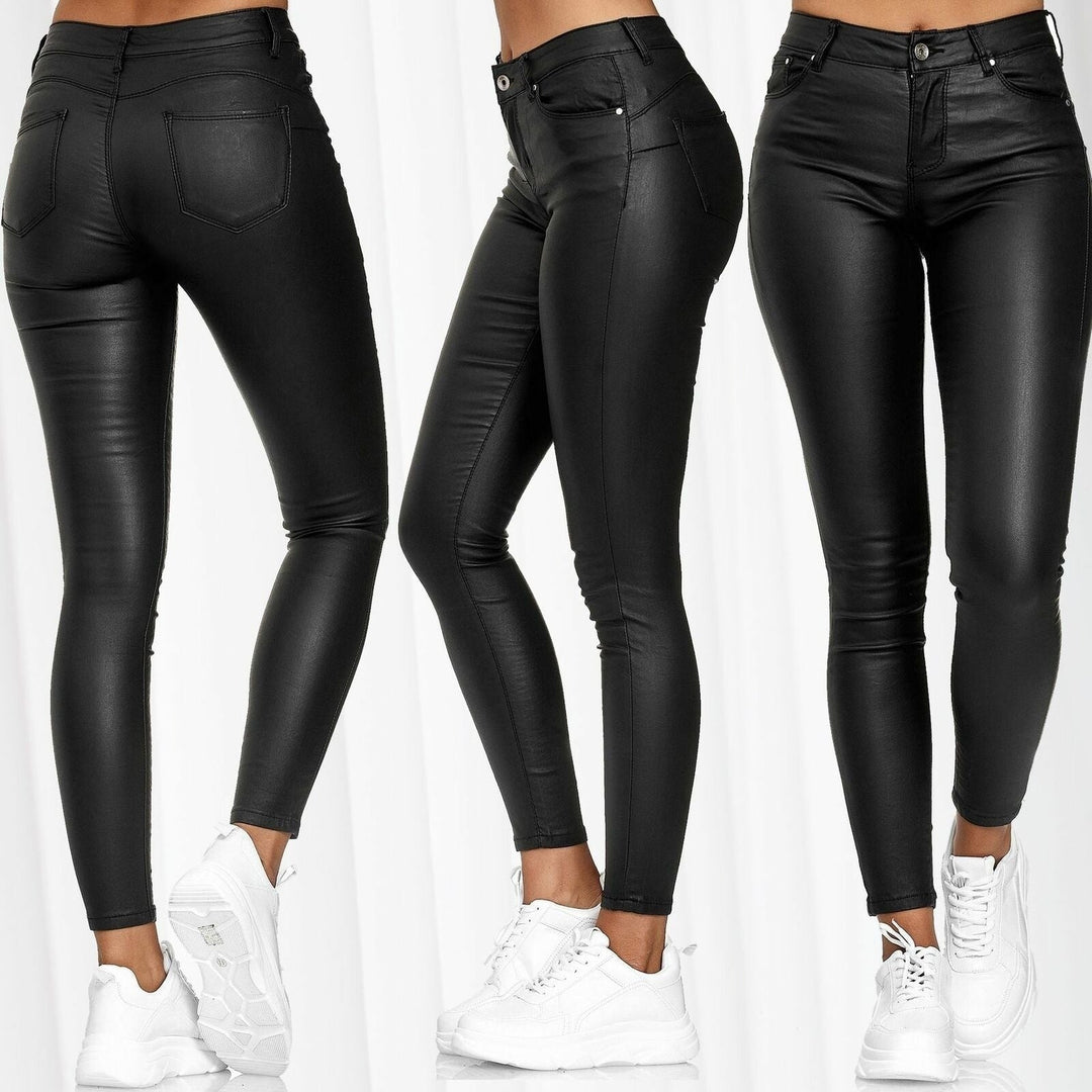 Damen Glattleder-Leggings mit hohem Bund und figurformendem Schnitt
