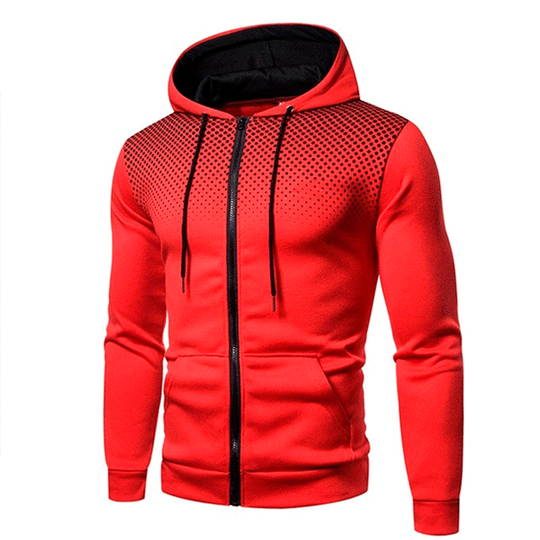 Herren sportiver Kapuzenpullover mit durchgehendem Reißverschluss, kontrastierendem Innenfutter und atmungsaktivem Punktmuster Nord Taschen
