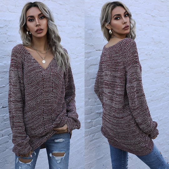 Damen Oversize-Strickpullover mit V‑Ausschnitt und grobem Melange‑Strick Nord Taschen