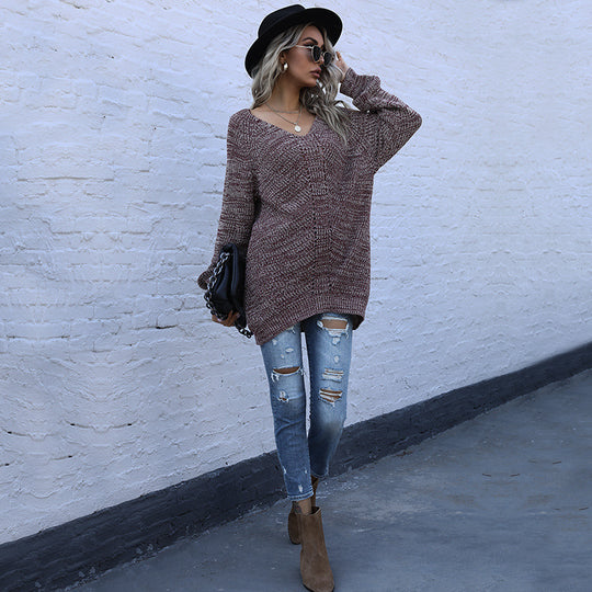 Damen Oversize-Strickpullover mit V‑Ausschnitt und grobem Melange‑Strick Nord Taschen