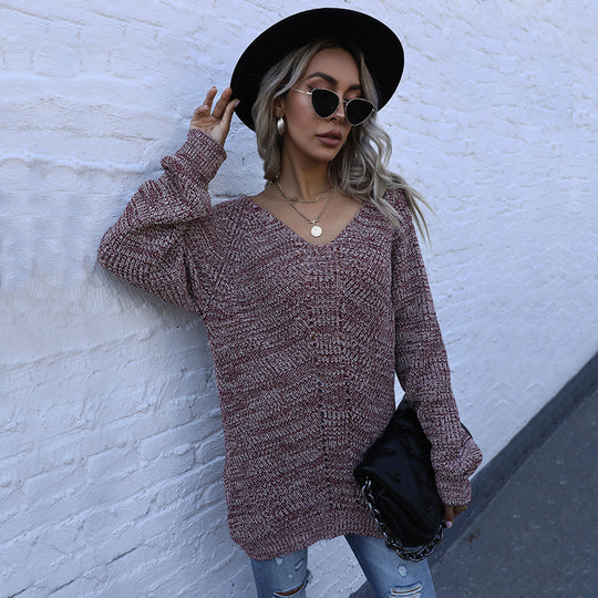 Damen Oversize-Strickpullover mit V‑Ausschnitt und grobem Melange‑Strick Nord Taschen
