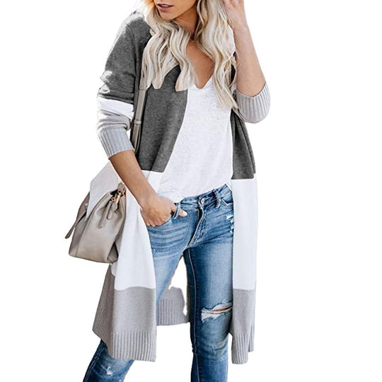 Damen Longline-Cardigan mit Colorblock, geripptem Saum und offener Front Nord Taschen
