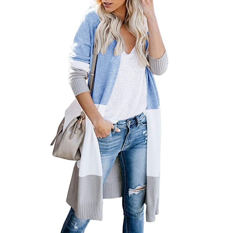 Damen Longline-Cardigan mit Colorblock, geripptem Saum und offener Front Nord Taschen