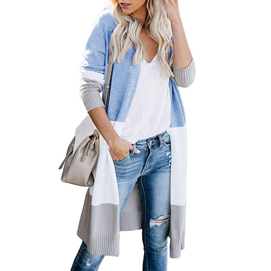 Damen Longline-Cardigan mit Colorblock, geripptem Saum und offener Front Nord Taschen