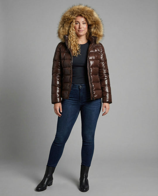 Damen Steppjacke Kunstfellkragen