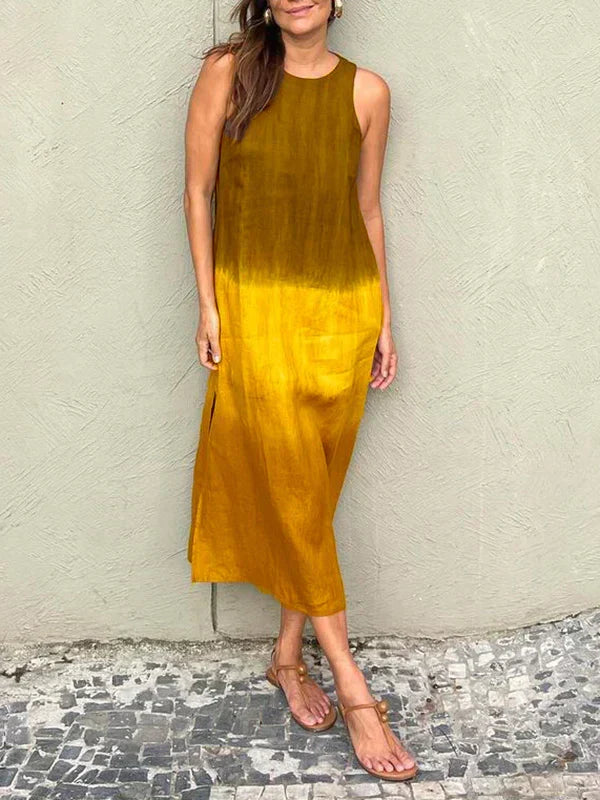 Luftiges Leinenkleid Aus Baumwolle mit Farbverlauf und Schlitz Am Bein
