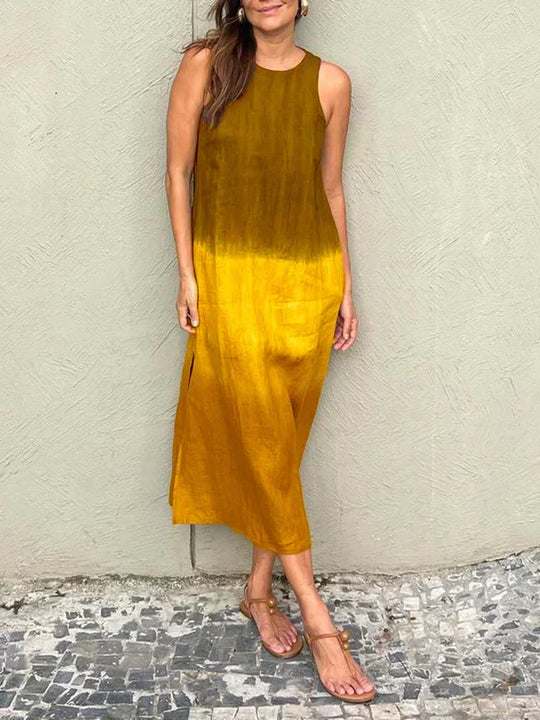 Luftiges Leinenkleid Aus Baumwolle mit Farbverlauf und Schlitz Am Bein