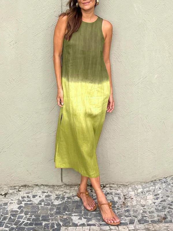 Luftiges Leinenkleid Aus Baumwolle mit Farbverlauf und Schlitz Am Bein