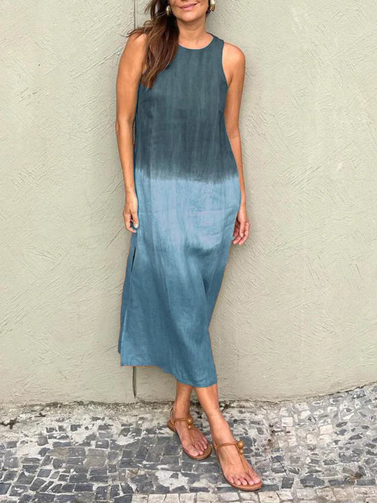 Luftiges Leinenkleid Aus Baumwolle mit Farbverlauf und Schlitz Am Bein