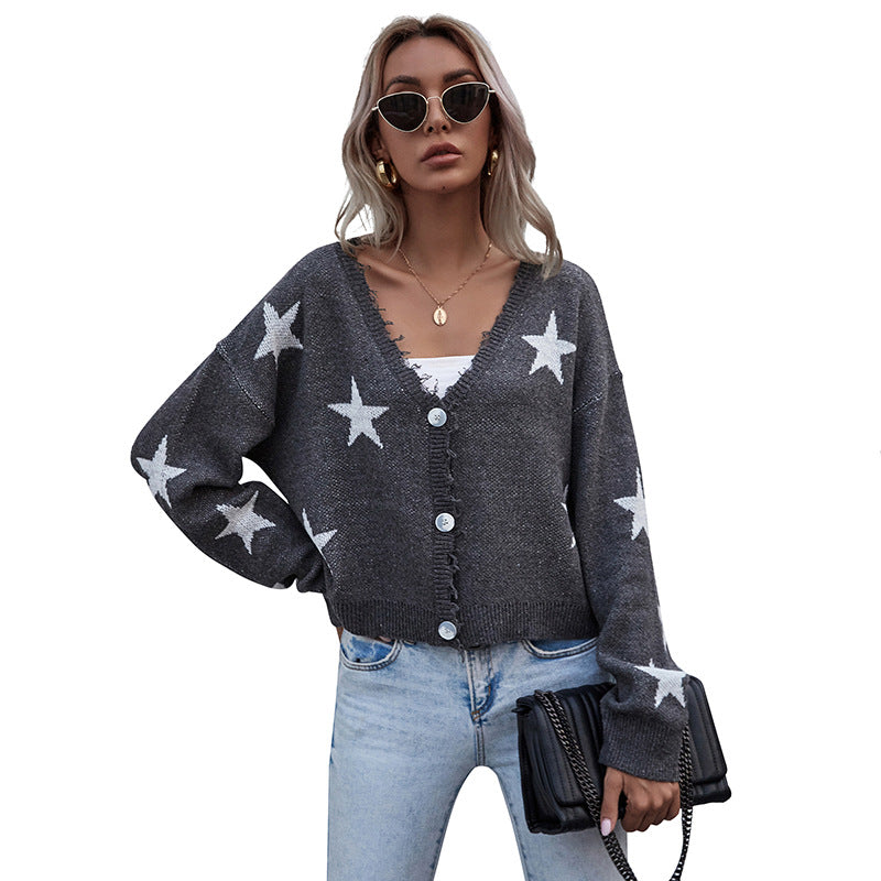 Damen Lässiger Cardigan mit Sternenprint und Knopfdetails Nord Taschen