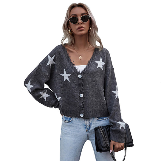 Damen Lässiger Cardigan mit Sternenprint und Knopfdetails Nord Taschen