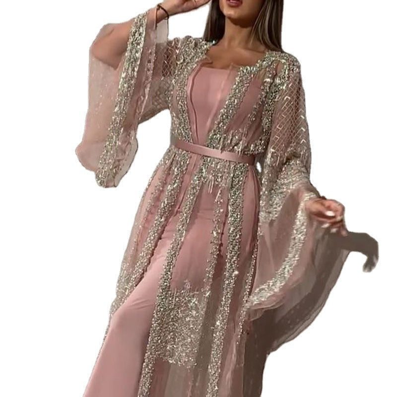 Damen Elegante Kaftan Robe aus transparentem Stoff mit aufwendigen Verzierungen