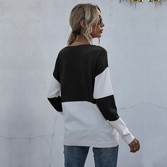 Damen Lockere Strickpullover im Blockmuster mit V‑Ajour‑Detail Nord Taschen