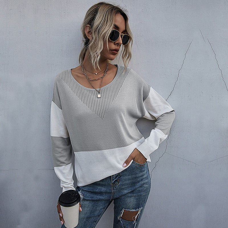 Damen Lockere Strickpullover im Blockmuster mit V‑Ajour‑Detail Nord Taschen