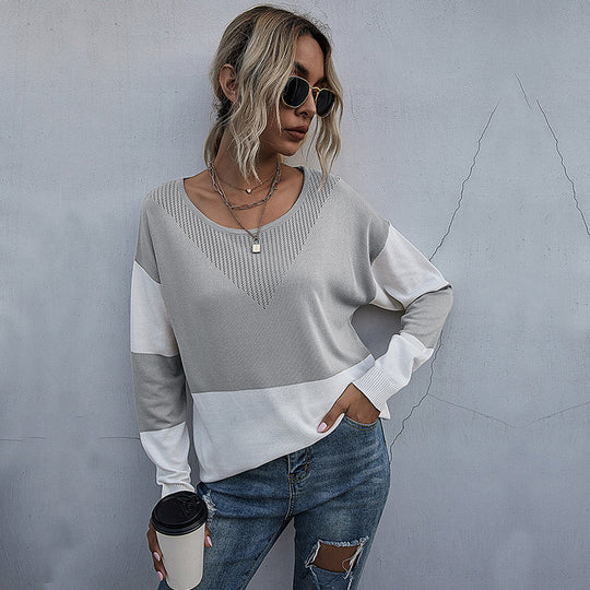 Damen Lockere Strickpullover im Blockmuster mit V‑Ajour‑Detail Nord Taschen