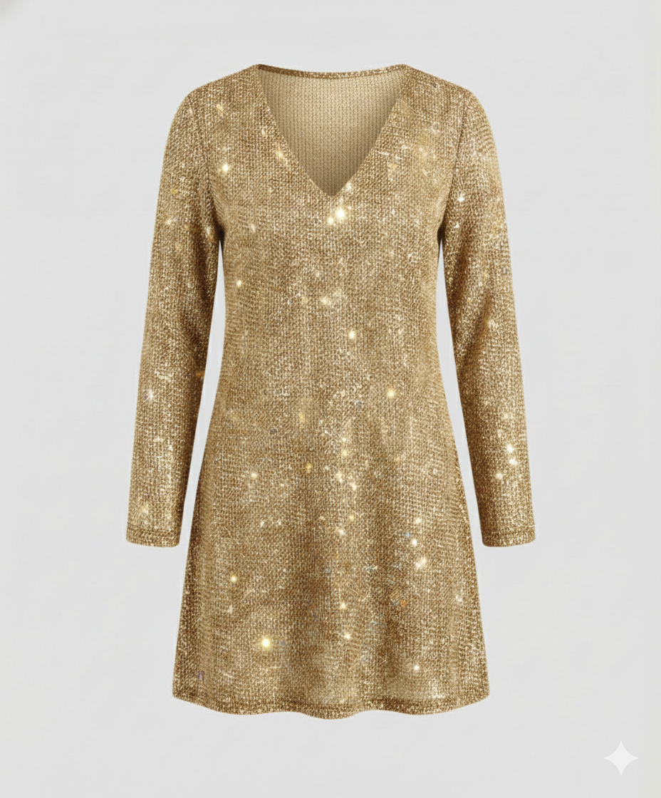 Damen Pailletten Kleid Langarm
