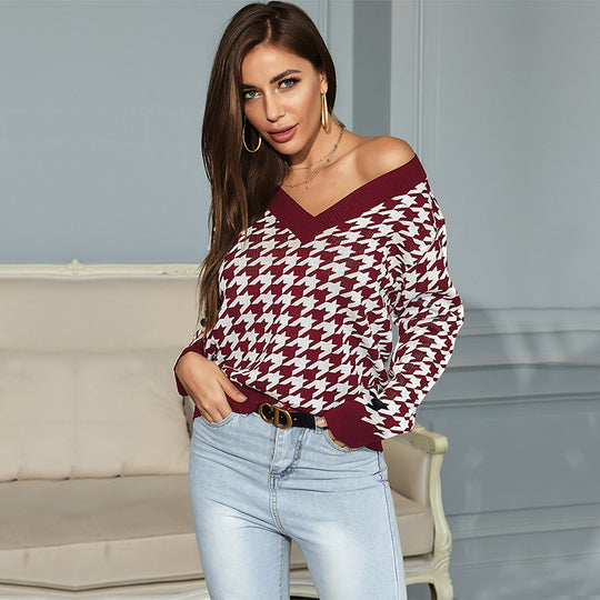 Damen Verspielter Pullover mit Karomuster Nord Taschen